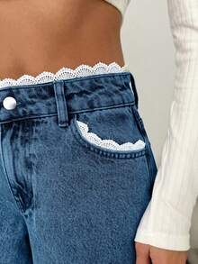 EURMUSE WOMEN DENIM WIDE LEG MID WAIST LACE BELT DETAIL JEANS - Blue - View 6