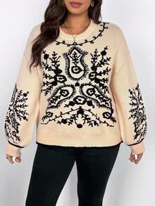 Elenzga Suéter holgado casual de punto jacquard con cuello redondo y hombros caídos en talla grande con contraste de color