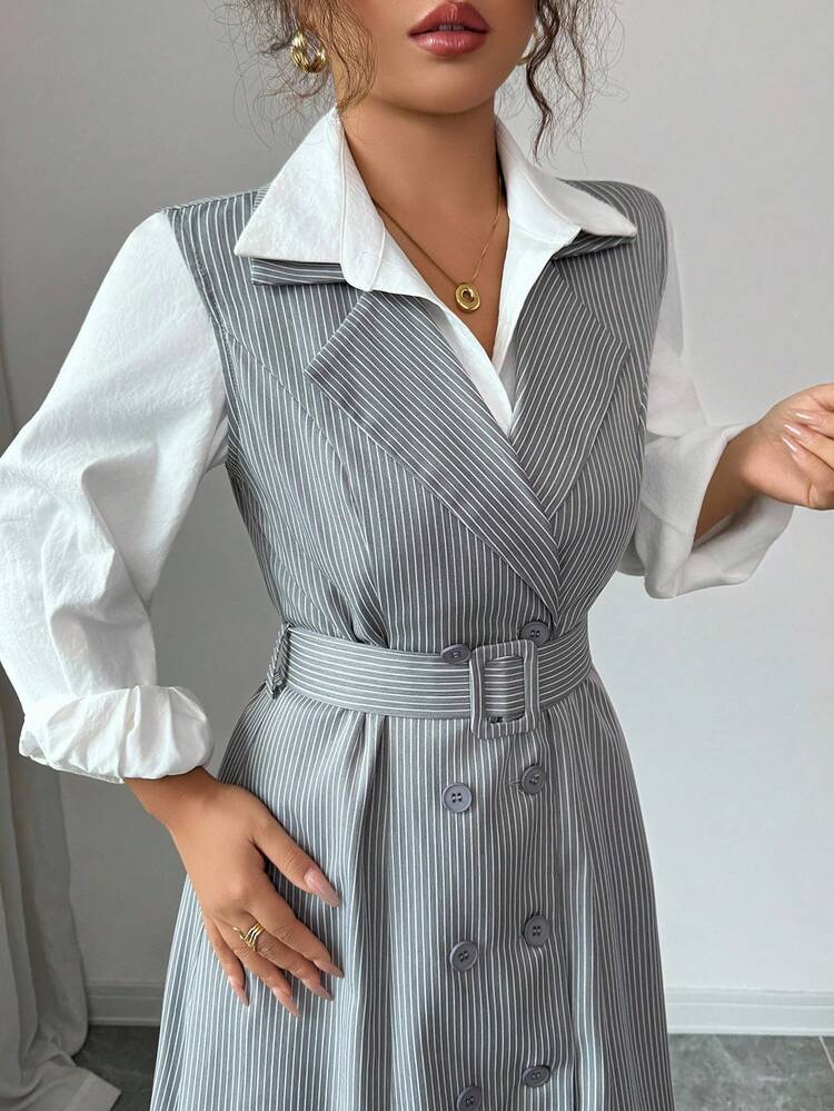 Elenzga فستان أنيق بدون أكمام مع خطوط منسوجة للنساء في فصل الخريف - رمادي - مشاهدة 6