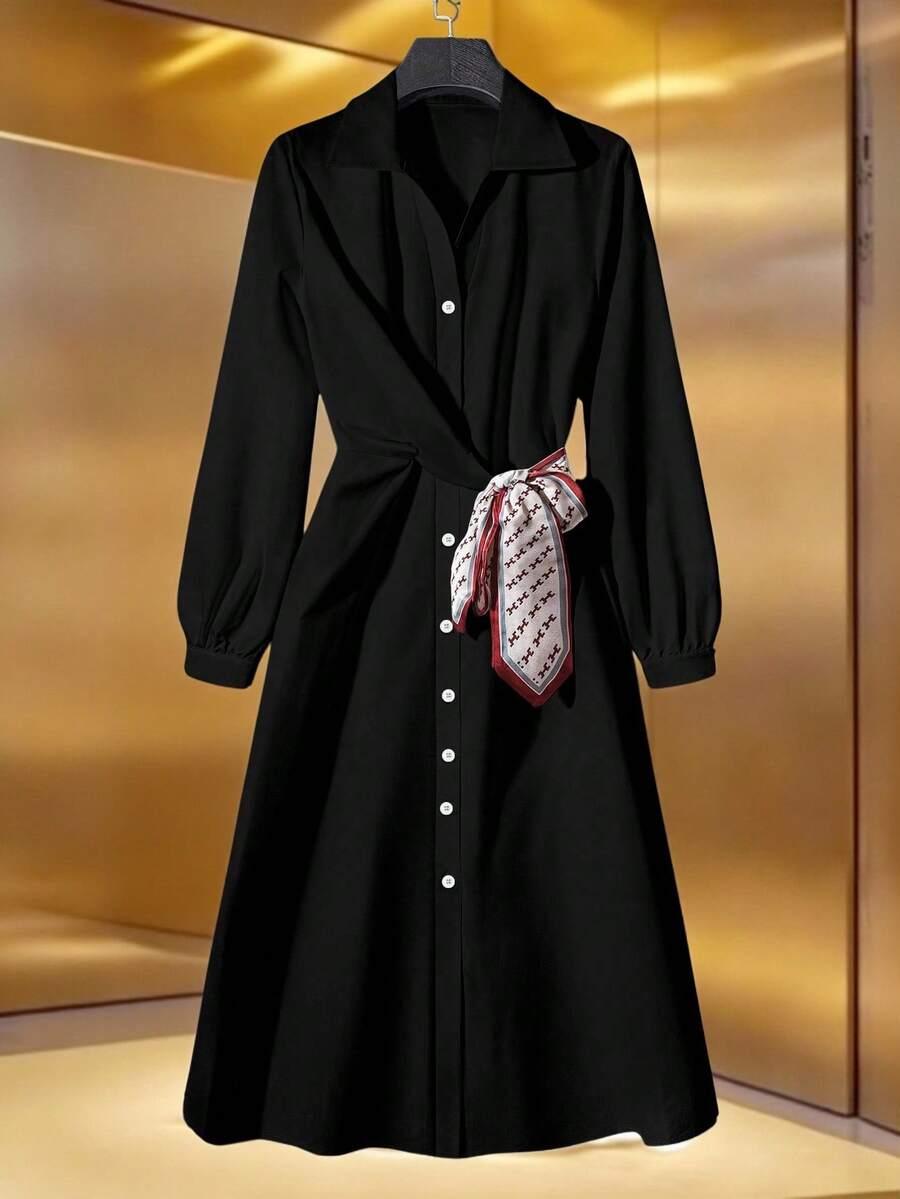 Franclia Fashionable Solid Color New Scarf Patchwork Shirt Dress - Black - View 1