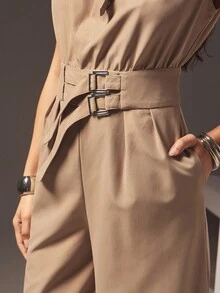 Hauture Bộ đồ liền thân không tay cổ đứng gợi cảm dành cho nữ với chi tiết thắt lưng thời trang - Lạc đà - Xem 6