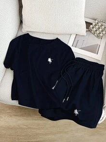 INAWLY Women's Casual Rider Print T-Shirt And Shorts Set, Perfect For Summer - Navy Blue - View 3