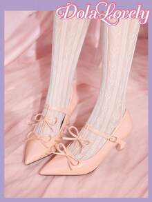 Dola Lovely Women's Pointed Toe Pumps With Dual Bow Decor, Sweet Mary Jane Style Heels, Pink, Suitable For All Seasons - Pink - View 1