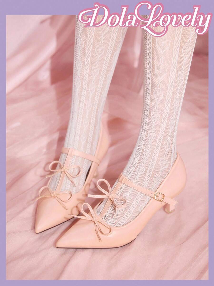 Dola Lovely Women's Pointed Toe Pumps With Dual Bow Decor, Sweet Mary Jane Style Heels, Pink, Suitable For All Seasons - Pink - View 1