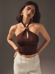 Hauture Áo hở lưng lưới phía trước có phụ kiện vàng - màu nâu - Xem 4