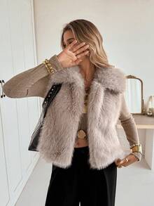 Siren Gaze Solid Color Sleeveless Casual Faux Fur Jacket, Retro Open Front Coat With Artificial Fur Collar, Fashionable Outerwear In Fall/Winter Brown