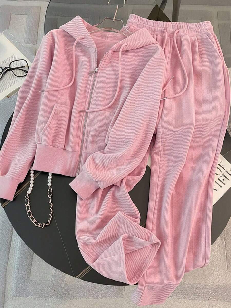 Franclia 2pcs/Set Commuter Style Hooded Zip-Up Sweatshirt, Gift For Friends - Pink - View 1