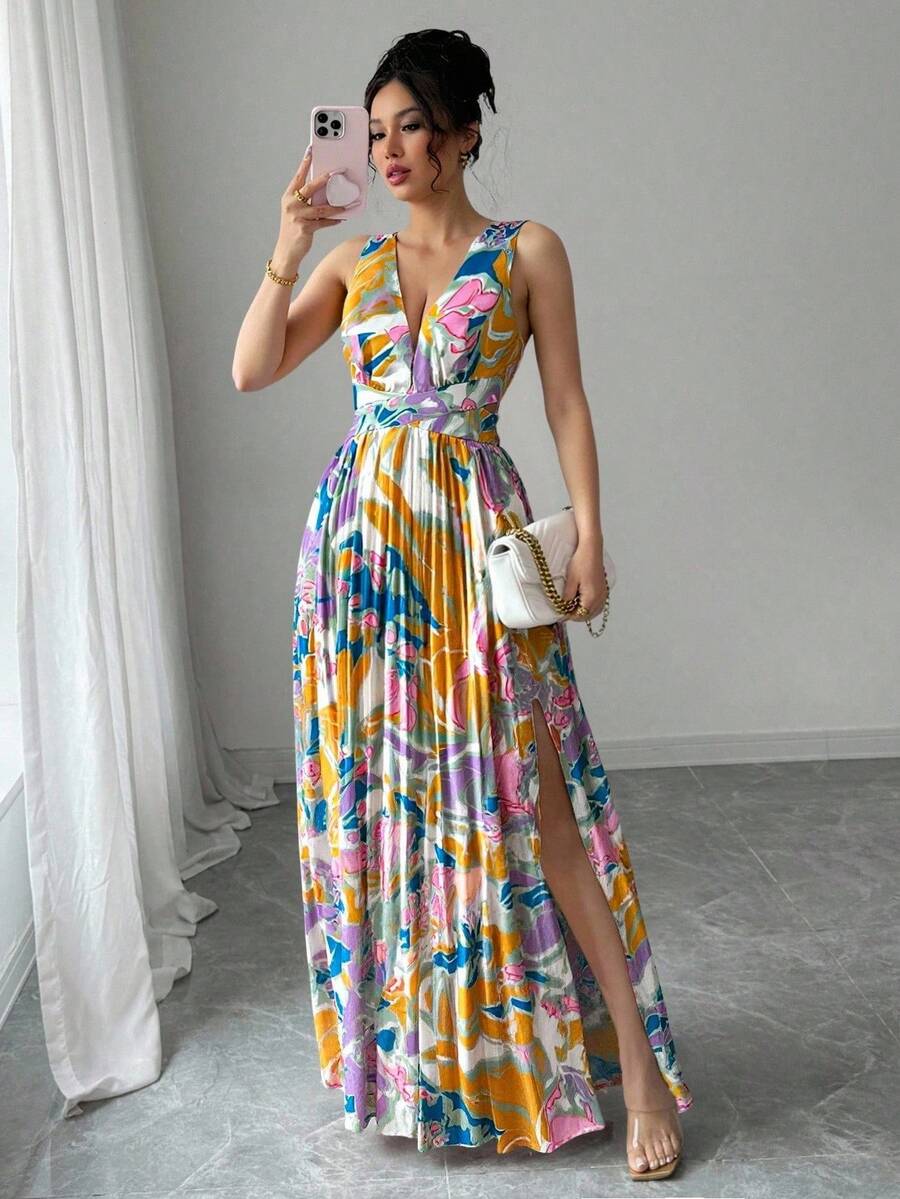 Elenzga 无袖碎花音乐节深V领开衩荷叶边性感度假迷你连衣裙女式 - 彩色 - 查看 1