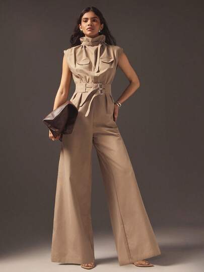 Hauture Mono de mujer con cuello alto, sin mangas, de estilo empresarial casual y sexy, con detalle de cinturón en la cintura