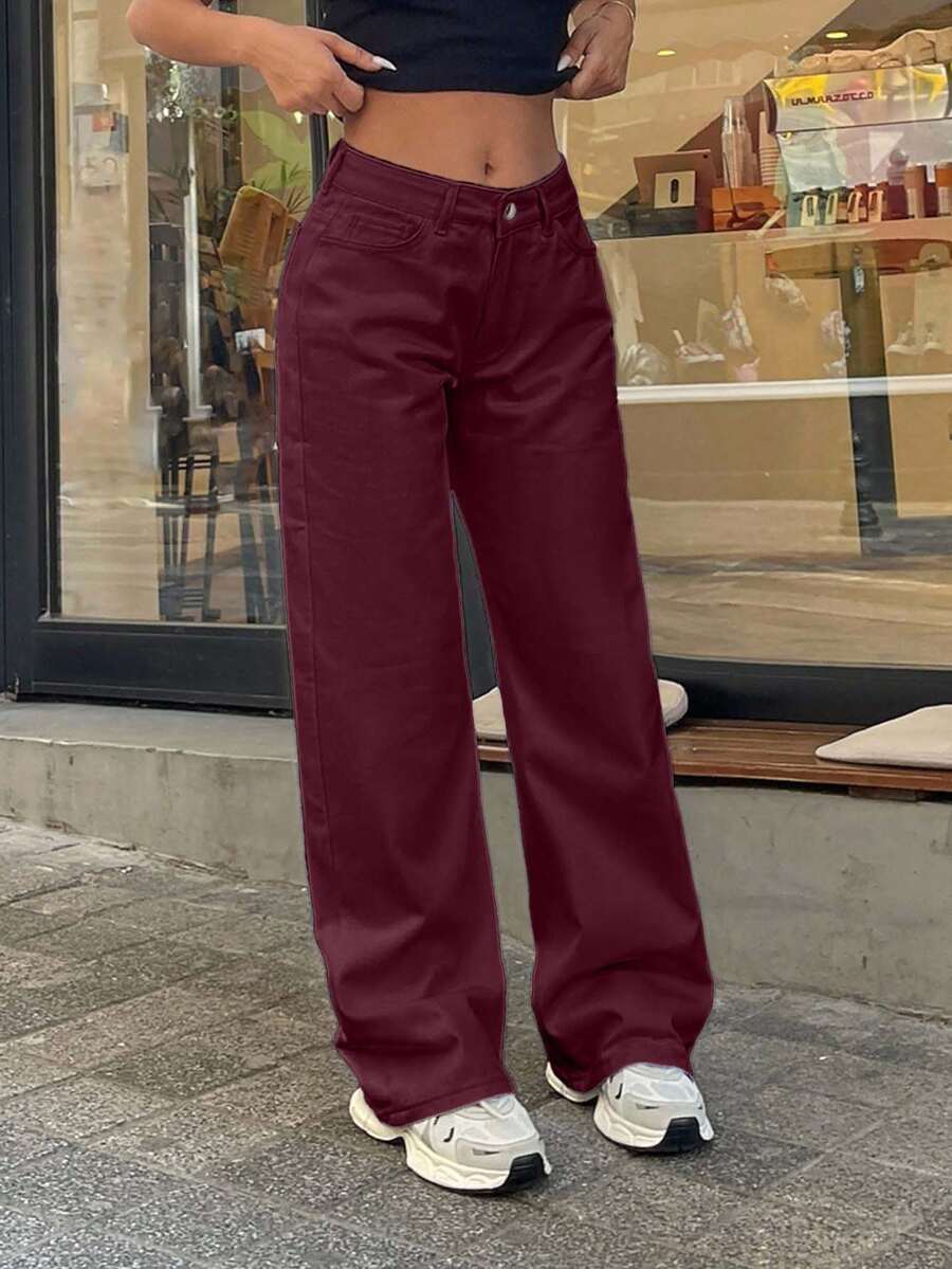 EURMUSE 100% Cotton LOW RISE WIDELEG CUT WHITE JEAN PETITE - Burgundy - View 1