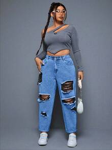 EURMUSE 大码女式休闲做旧纽扣口袋牛仔裤 - 淺色水洗藍 - 查看 4