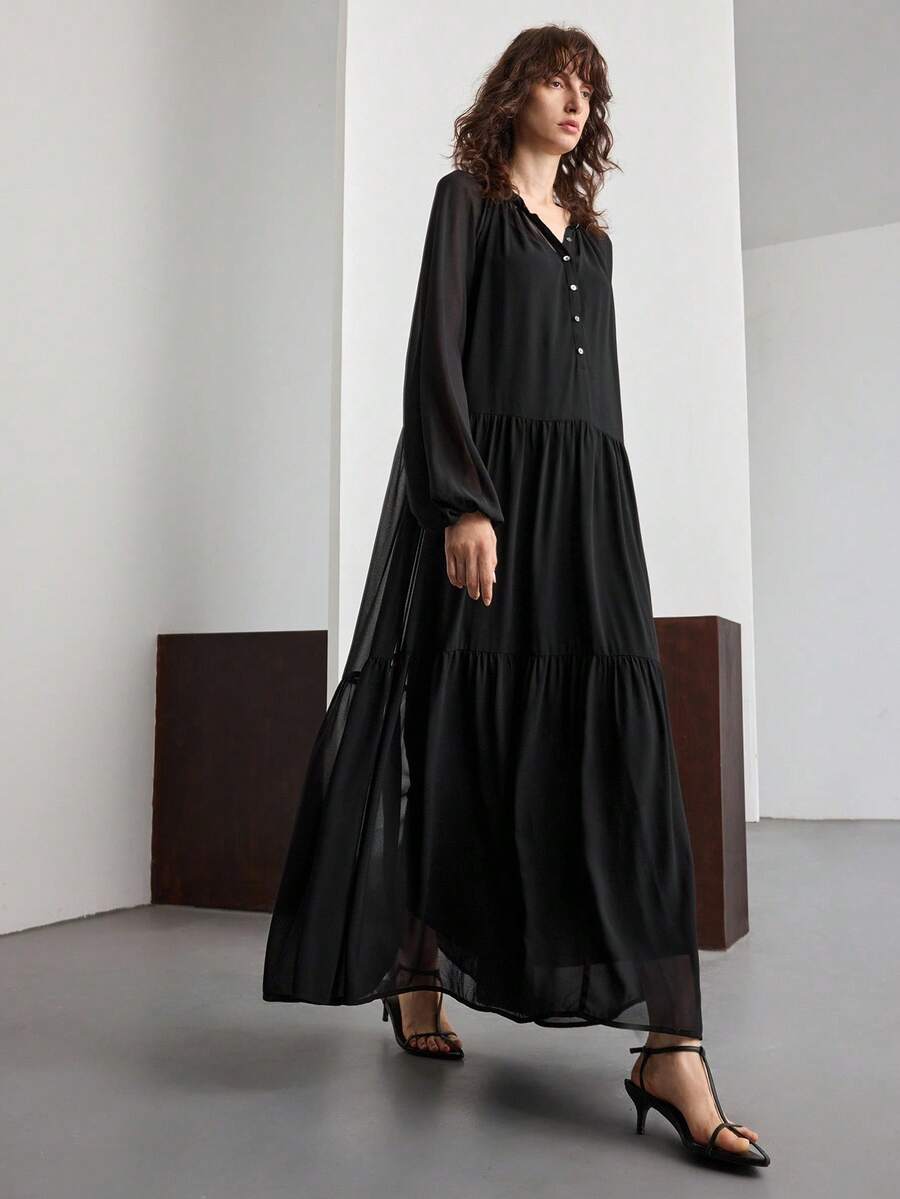 Ontre Rochie de damă cu guler înalt, neagră, rezistentă la riduri, modernă și urbană, stil 2025, stil casual de zi cu zi/business