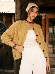 Easelle Áo cardigan dệt kim tay dài dáng suông vai thả họa tiết xoắn cáp, cài cúc đơn, kiểu dáng cao bồi đính sequin, màu vàng mù tạt, thích hợp cho nữ mùa thu đông. - Màu Mù tạt vàng - Xem 9