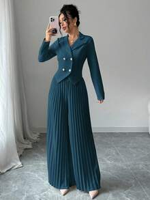 Elenzga 褶皱双排扣长袖优雅浪漫办公室女士套装 - 水鴨藍 - 查看 6