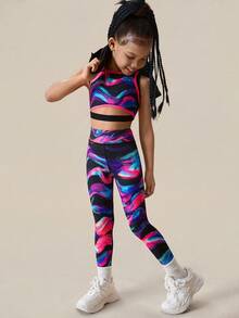 SHEIN Komplet dla młodych dziewcząt, 2 sztuki, bezrękawnik z nadrukiem + spodnie, strój codzienny na święta, na zewnątrz, na każdą porę roku