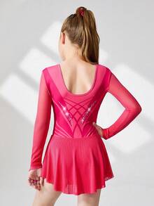 Trang phục trượt băng nghệ thuật cho bé gái tuổi vị thành niên, họa tiết hoa màu hồng cánh sen, đính đá lấp lánh thanh lịch, tay dài, chân váy lưới ôm sát, thoải mái và hợp thời trang khi thi đấu và luyện tập - Màu Hồng Tươi - Xem 2