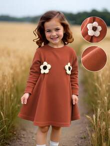 SHEIN Baby Girls' Rust Brown Knitted Floral Dress,Long Sleeve Button Decor Autumn Cute Modest Little Dress,Matching Family Winter Fall Flower Girl Dress - Brown - View 1