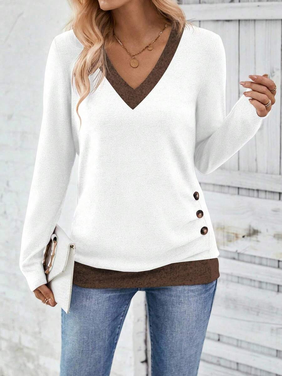 EMERY ROSE Women's Casual Long Sleeve T-Shirt With Contrast Trim And Button Decor, Autumn - Multicolor - View 1