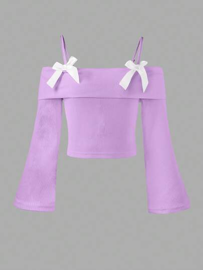 Elladie kids Tween Girl New Long-Sleeved Top With Suspenders, Off-The-Shoulder Design And Bowknot For Tween Girls Is On The Market. It's Comfortable, Fashionable, Outing, Elegant, Sweet, Cute, Lively, Unique And A Must-Have For Dressing Up. Fall Winter