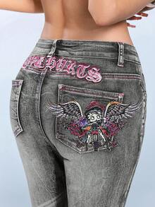 Betty Boop | ROMWE Y2K 机车风翼形印花水钻装饰喇叭牛仔裤 - 淺灰色 - 查看 10