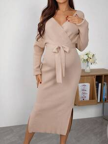 SHEIN 孕妇纯色交叉裹身蝙蝠袖优雅长袖毛衣裙 - 駝色 - 查看 5