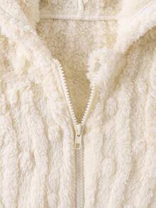 SHEIN Elladie kids 少女白色蓬松夹克，冬季，柔软毛绒材质，长款设计，舒适合身，经典白色 - 米色 - 查看 4