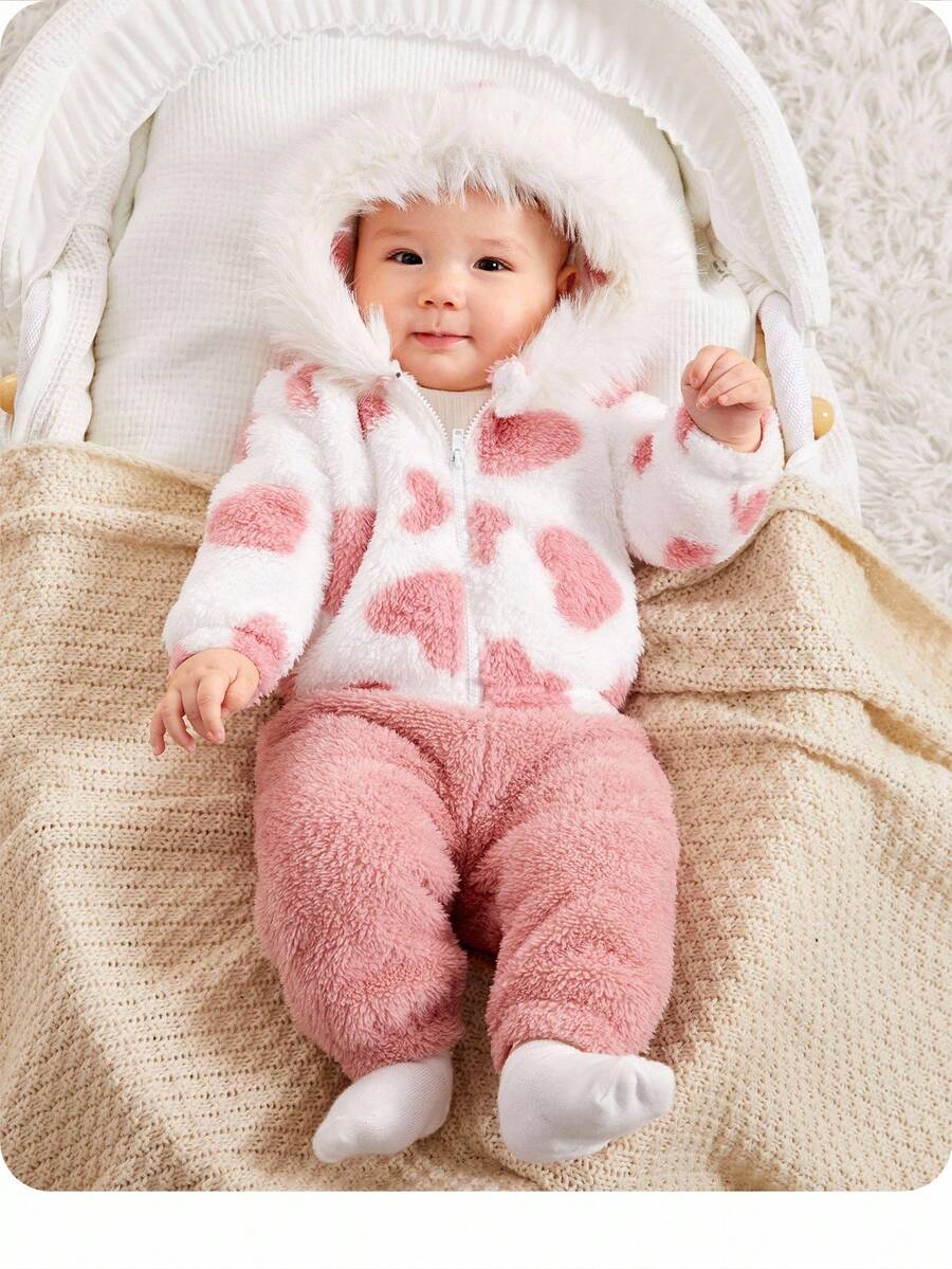 SHEIN Neugeborenen Baby Mädchen Jacke, rosa Herz Plüsch warme Kapuzenjacke, geeignet für Outdoor, Partys und andere Anlässe im Herbst und Winter