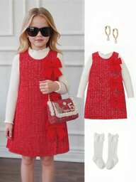 Elladie kids 2pcs/Set Girls Autumn/Winter Dress, Consisting Of A Sleeveless Ribbed Knit Texture Colorblock Dress With Red Bow Decor And A Soft High Neck Ribbed Sweater. The Dress Has A Subtle Shimmer Fabric And The Outfit Is Suitable For Autumn/Winter, Showcasing Sweetness And Sophistication For Young Girl