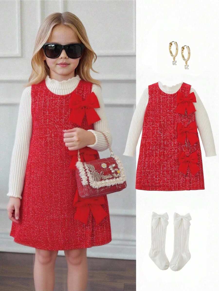 2pcs/Set Girls Autumn/Winter Dress, Consisting Of A Sleeveless Ribbed ...