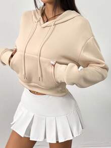 SHEIN x Carly Lawrence INAWLY 3 chiếc áo nỉ chui đầu màu trơn có dây rút thường ngày có túi lớn - Màu Khaki - Xem 3
