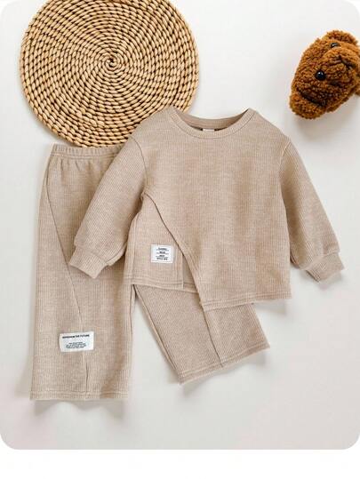 SHEIN Babygirl Cute Knit Casual Beige Long Sleeve Top And Elastic Waist Long Pants Set, Autumn/Winter Mocha Baby Clothes Baby Casual Sets Baby Set Autumn Winter Season Neutral Baby Clothes Unisex Fall