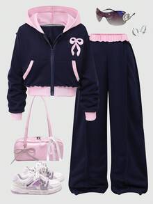 Sparklyn 冬季服装、冬季套装、儿童冬季服装、秋季服装、万圣节、万圣节服装、圣诞节服装、两件套少女字母印花连帽棒球夹克和休闲裤套装 - 彩色 - 查看 1