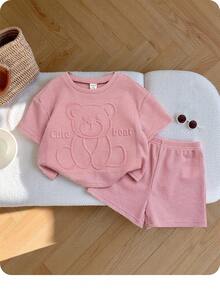 SHEIN Babygirl 可爱休闲粉色 3D 卡通图案压花短袖上衣和松紧腰短裤套装 - 粉色 - 查看 8