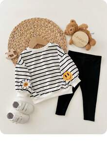 女婴条纹长袖运动衫和松紧腰黑色裤子套装，秋冬季 - 黑與白 - 查看 1