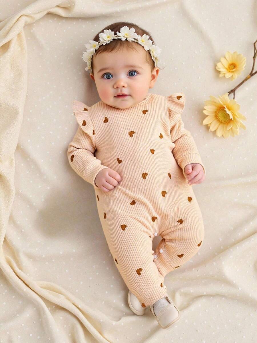 SHEIN 情人节新生儿爱心印花连体衣，舒适针织休闲连体衣，含发带，秋冬季款 - 棕色 - 查看 1