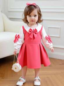 SHEIN فستان بياقة بيتر بان وكشكشة وفيونكة للبنات الصغار، أنيق وجميل للارتداء اليومي، فستان خريفي