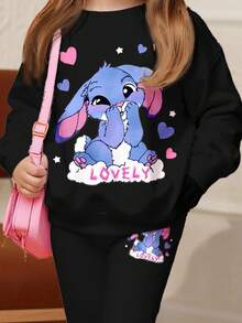 SHEIN 黑色、可爱有趣的卡通蓝色兔子露露、针脚图案、年轻女孩休闲简约厚圆领长袖运动衫和喇叭裤套装、适合秋冬季、秋季外出服装、轻松舒适、女童秋季多层装、时尚儿童、休闲装、儿童图案服装、秋季服装 - 黑色 - 查看 3