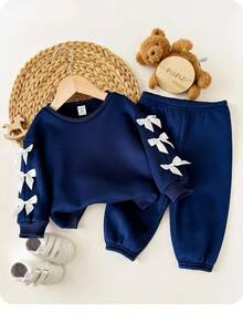 女婴海军蓝蝴蝶结长袖连帽衫和松紧腰裤套装，秋冬 - 藏蓝色 - 查看 6