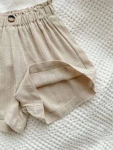 嬰兒女孩分層擺設拼接荷葉邊綁肩背心及紙袋腰短褲