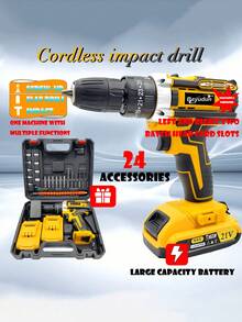 SHEIN 1 套 SUBY 无绳冲击钻 3 功能电动螺丝刀，带 2x21V 电池，24 件配件，适用于家庭 DIY 维修建筑木工钻孔工具套件