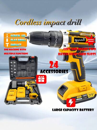 SHEIN 1 套 SUBY 无绳冲击钻 3 功能电动螺丝刀，带 2x21V 电池，24 件配件，适用于家庭 DIY 维修建筑木工钻孔工具套件