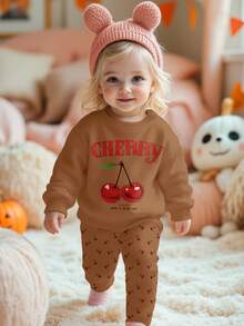 SHEIN Happikins Brown,Autumn,Cute Modest,Family Matching Baby Girl Vintage Cherry Pattern Knit Soft Thick Crew Neck Long Sleeve Sweatshirt & Leggings Set - Multicolor - View 5