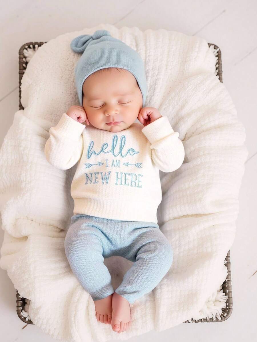 SHEIN HELLO Letter Embroidered Newborn Photography Outfit, Baby Boys/Girls Top, Pants, Hat 3pcs Set, Infant 1 Month To 100 Days Studio Photo Prop Clothing Fall Winter