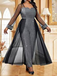 Fleurora Mono de manga larga con escote entallado, brillos metálicos y malla de contraste, ideal para fiestas elegantes, bodas, San Valentín, cócteles, conciertos y festivales de música. Disponible en tallas grandes para mujeres. Prendas glamorosas para ocasiones de fiesta en otoño e invierno. - Plateado - Ver 5