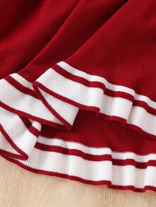 1pc Collared Knit Dress, Cute Red And White Stripe Long Sleeve Sweater Dress For Back-To-School, Autumn French Style Christmas Tween Girl School Dress - Burgundy - View 4