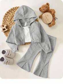嬰兒女童1件格子織毛呢連帽夾克和1件長裤套裝 - 淺灰色 - 查看 1