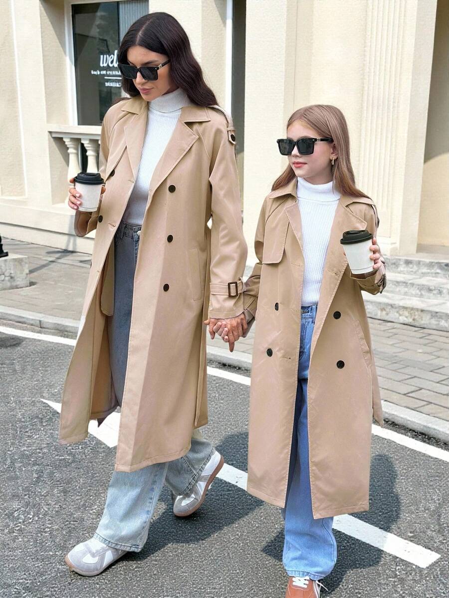 SHEIN Serisse Kids 少女双排扣翻领宽松长款风衣，配腰带，休闲军装风，适合通勤和户外活动，返校季，休闲军装风，适合通勤和户外活动，秋冬季，冬季女孩，时尚秋季，冬季女孩，母女装，卡其色母女风衣，母女装美学，适合女孩