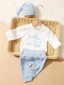 SHEIN HELLO Letter Embroidered Newborn Photography Outfit, Baby Boys/Girls Top, Pants, Hat 3pcs Set, Infant 1 Month To 100 Days Studio Photo Prop Clothing Fall Winter