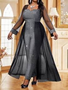 Fleurora Mono de manga larga con escote entallado, brillos metálicos y malla de contraste, ideal para fiestas elegantes, bodas, San Valentín, cócteles, conciertos y festivales de música. Disponible en tallas grandes para mujeres. Prendas glamorosas para ocasiones de fiesta en otoño e invierno. - Plateado - Ver 3