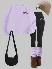 SHEIN Happikins 2pcs/Set Young Girl Casual Minimalist Cute Bow Decor Long Sleeve Crew Neck Sweatshirt And Pants Outfit, Suitable For Autumn/Winter Fall - Mauve Purple - View 3